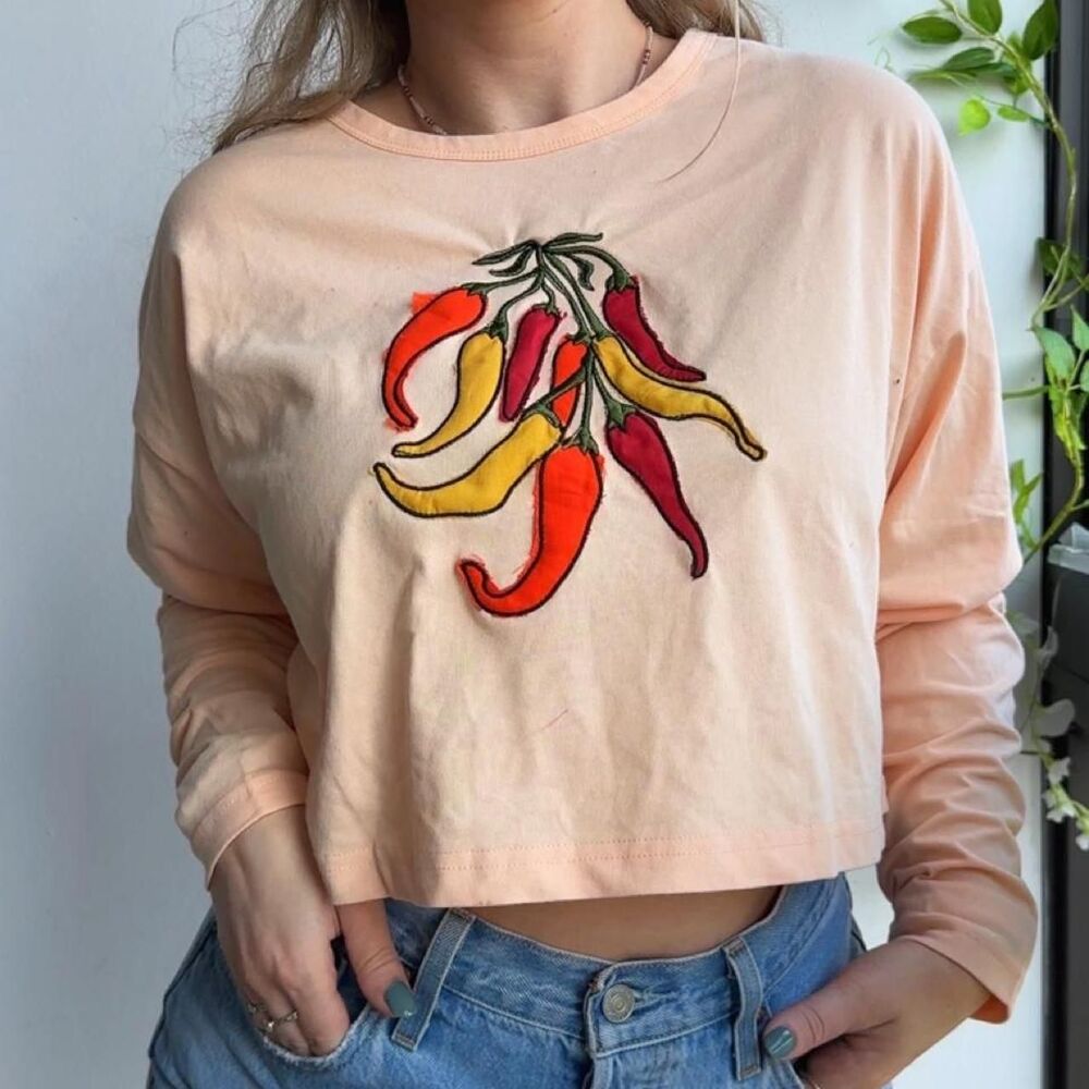 NWT peachy pink long sleeve crop with chili embroidered patchwork graphic tee